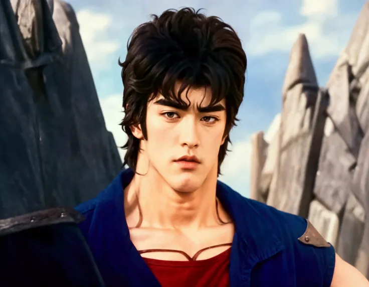 Kenshiro thick eyebrows jawline manly features woth blue jean jacket and red t shirt inside, thick dark brown hair 