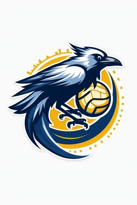 Make a volleyball team logo that has a crow, a ball and the colors light blue, white and yellow that does not have claws or anything, but at the same time marks presence 