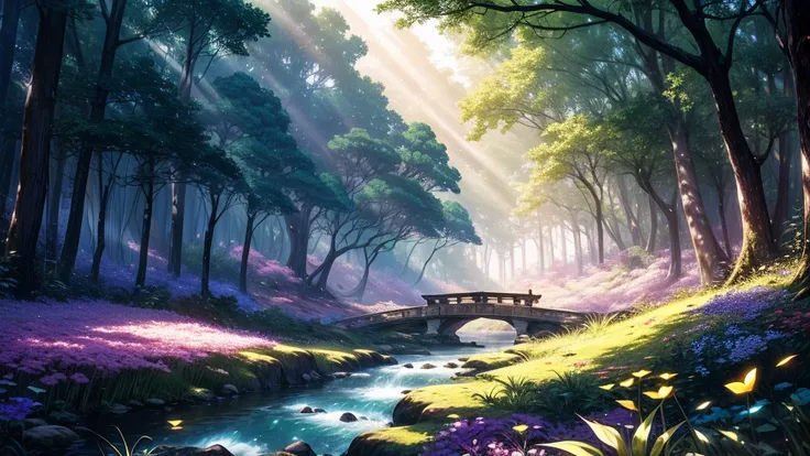 A magical forest illuminated by a warm, golden light that descends from above. The trees are tall and majestic, with leaves in shades of purple and pink that blend with the dark green foliage. on the floor, Tiny bright flowers and luminous mushrooms adorn ...