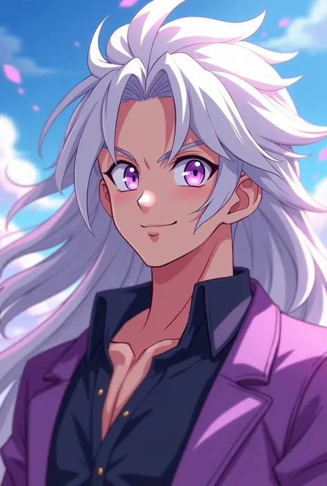 dragon ball anime screenshot, male, long fluffy hair, white hair, lilac eyes, smiling