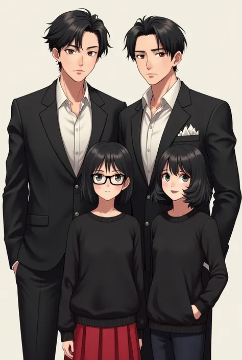 a 3 man, Seriously, short wavy black hair, eyes black, wearing a black blazer and white dress shirt. Beside them are their two 1 twin daughters., with shoulder length wavy black hair, gray eyes and beautiful, one of them wears simple black framed glasses, ...