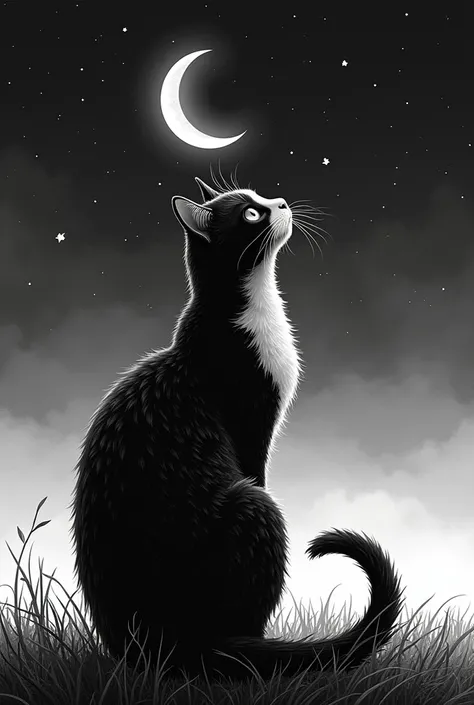 A colorless drawing of a black and white cat with its back to the moon,some stars and Neptune above head 