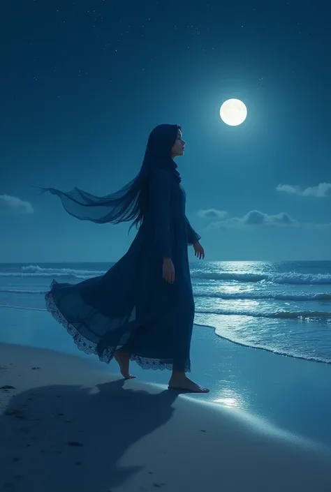 Young Muslim girl walk ong night beach wear shalwar
