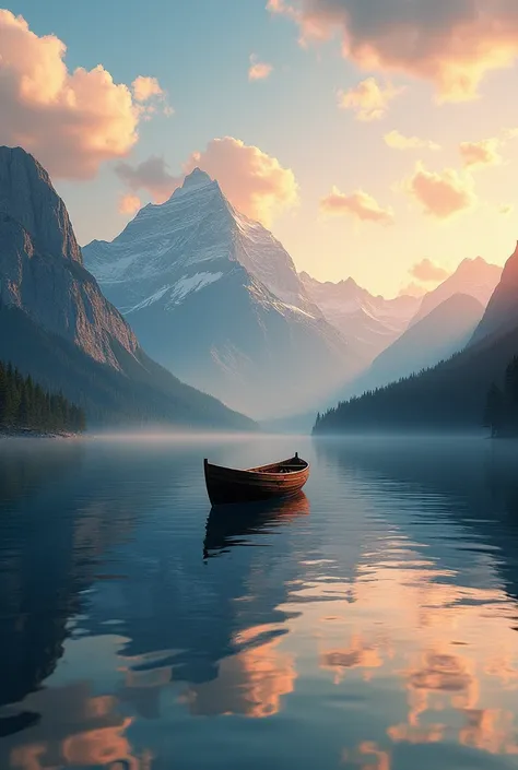 Nature: “Generate an image of a serene lake surrounded by mountains, with a small boat floating on the water and a beautiful sunset in the background.”


