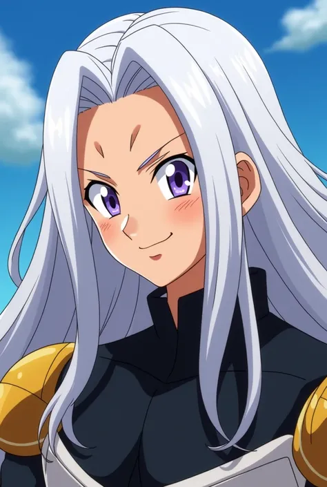 dragon ball anime screenshot, male, long straight hair, white hair, lilac eyes, smiling