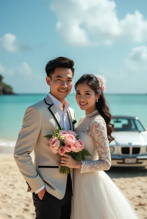 Photographyrealistic, close up looking camera like a model professional, handsome and beautiful indonesian face young bride and groom taking wedding photos in the most beautiful beach. assphalt classic bmw. wearing  traditional indonesia kebaya clothing de...