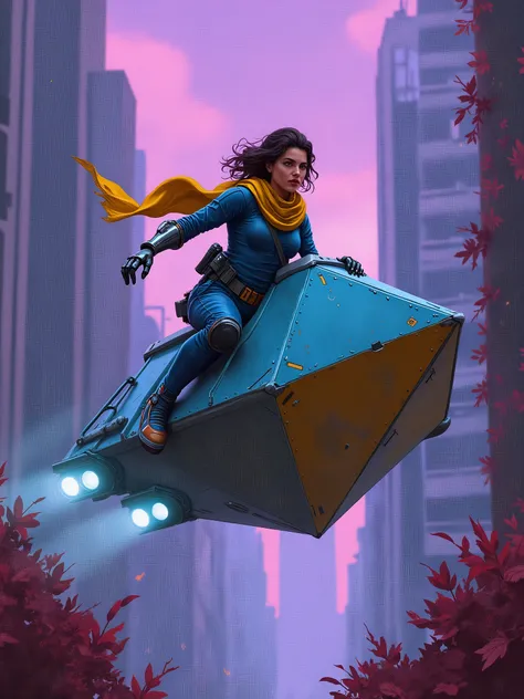 a warrior with a yellow scarf and and blue space bodysuit, with a mechanical left arm, driving a triangular floating vehicle trough a futuristic dystopian city, purple skies, burgundy vegetation