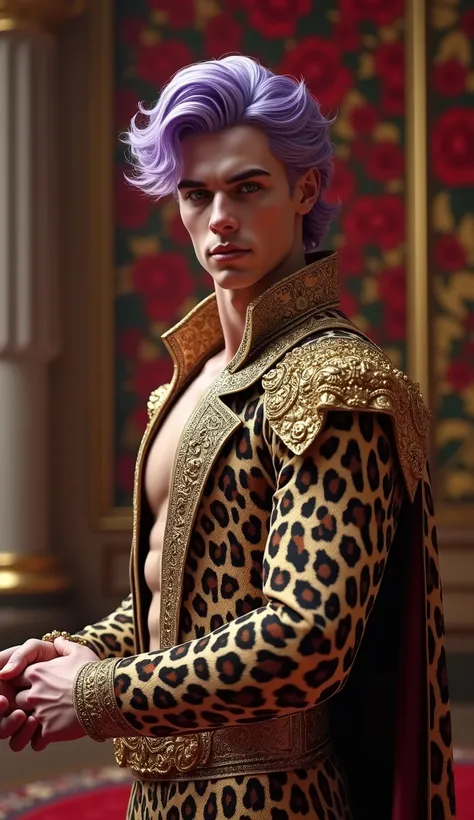 a handsome young boy with light purple hair, muscular body, wearing a king costume with leopard design, holding a hand, luxury room full of rose designs, detailed face, detailed eyes, detailed lips, intricate costume details, dramatic lighting, photorealis...