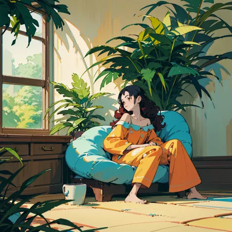 ((best quality)), ((masterpiece)), (detailed), 1girl, off-shoulder pajama, sitting on a bead, warm colors, detailed background, read hair, curly long hair, indoor, beautiful room, plants on the background, loose pose, natural pose, great color harmony 