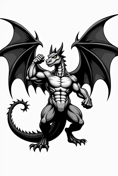 A serious-faced winged dragon doing cartoon-style double biceps, with the black lines of the drawing stronger, As if it were a logo
