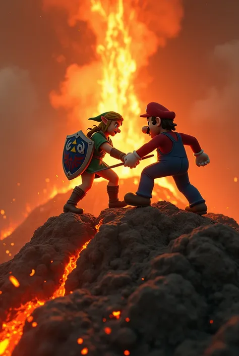 Link fighting Mario on top of a volcano