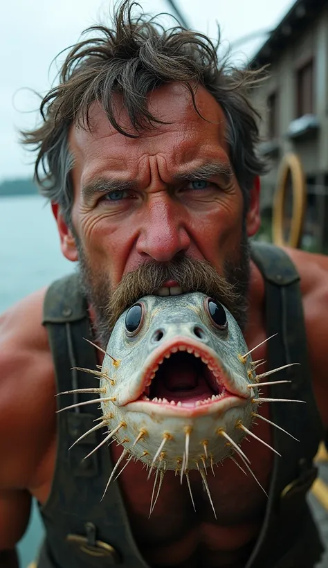 Hombre con un pez globo 🐡  en la boca crudo