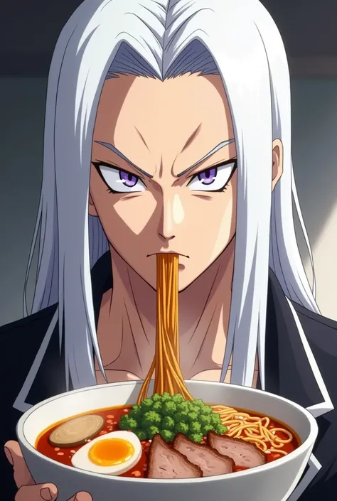 dragon ball anime screenshot, male, long straight hair, white hair, lilac eyes, eating ramen