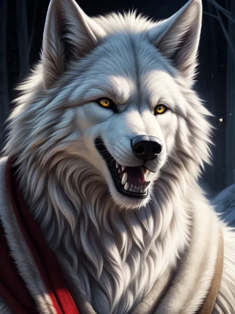 large white  wolf, very very beautiful furry art, dramatic cinematic details fur, hit in the face by a huge slippers，the look is...