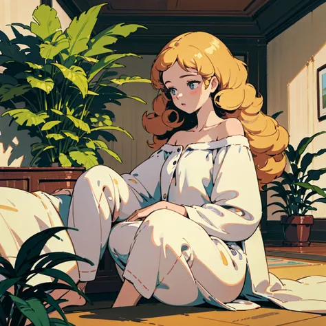 ((best quality)), ((masterpiece)), (detailed), 1 young girl, off-shoulder pajama, sitting on a bead, warm colors, detailed background, read hair, curly long hair, indoor, beautiful room, plants on the background, loose pose, natural pose, great color harmo...