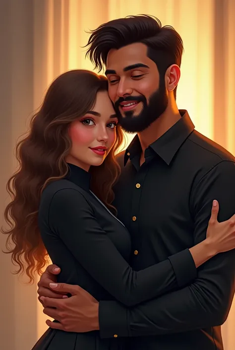 Disney character Malay girl with black baju kurung wavy light brown hair with handsome beard indian guy with black shirt hugging each other