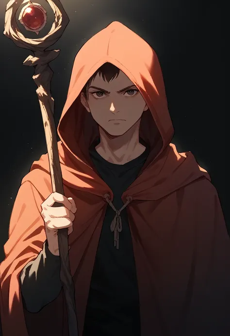 a hooded man holding a long wooden staff with a red stone on the tip, hood covering his face, black background, detailed facial ...