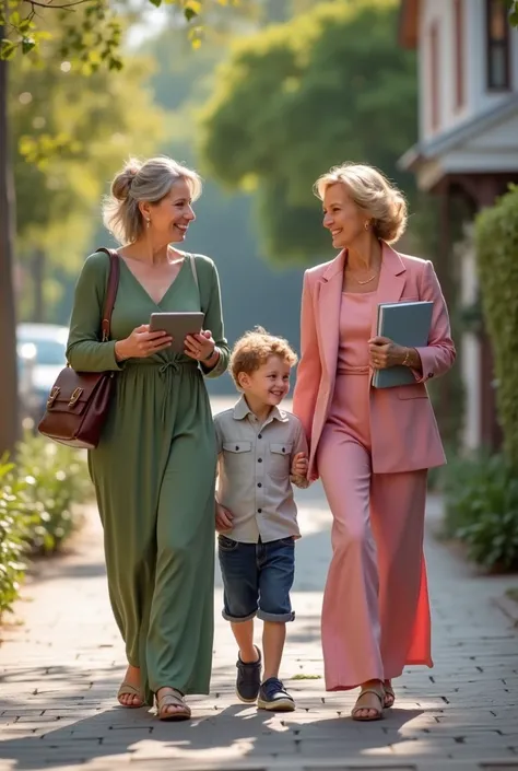 Create a beautiful 4k photo with two mature women. One with a tablet and the other with a gray book in her hand.. off.bag on shoulder walking and smiling. On a street with houses. One wears a dry green dress and the other a pink one and a blazer. They are ...