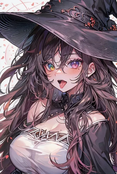 Black mouth,Sensual adult witch,Glossy lips,Bare shoulders and chest,Expose,Long Hair, Shiny Hair, Textured skin, Highest quality, Heterochromia, Character portrait, Witch Hat, Mole on the corner of the mouth, Pattern on the forehead, Anime Style, Large Br...