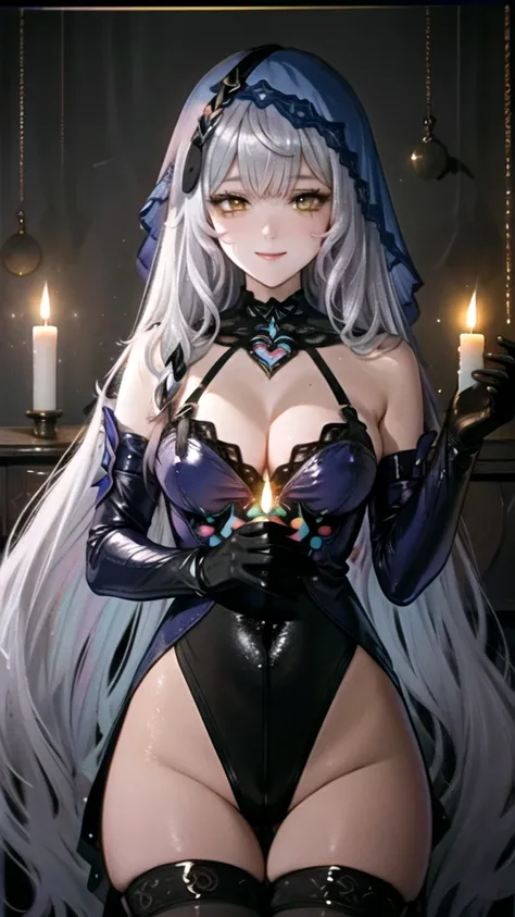 ((Masterpiece, Ultra HD, 8K Quality)), one Woman, Beautiful Face and body, Platinum silver long hair, long bangs, Deep shiny yellow eyes, highlights on eyes,　Very long eyelashes, very large breasts, Cleavage, a slim waist, curvy hips, (((black swan))), vei...