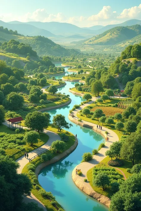 orchards in an agro-ecological park that is located on the sides of a long linear 3d isometric river that has crops and is also touristic so that people interact