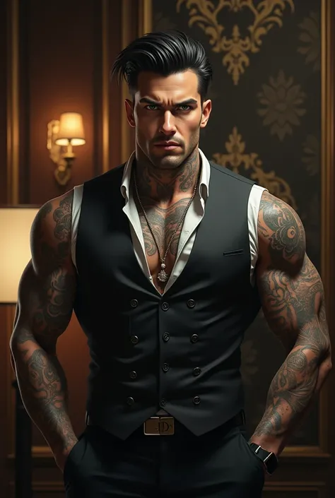 black haired man, about 2, tall 1.90 m, with greenish-gray eyes, with a piercing in the left eyebrow, muscular, with tattoos on the arms and chest, dressed as a millionaire businessman 