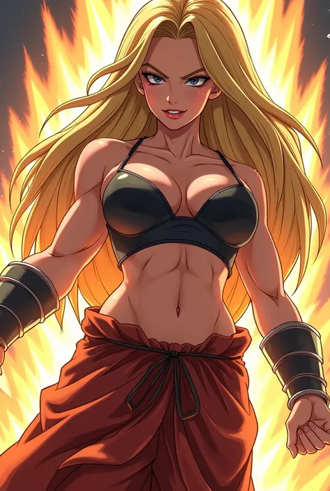 A saiyan girl with long hair and big breasts, ,Super saiyan form , akira toriyama art style, dragonball z , toriyama akira, dragonball super, muscular belly , thick eyeliner, thick eyebrows, long eyelashes, raising right eyebrow, beautiful lips,  crop top,...