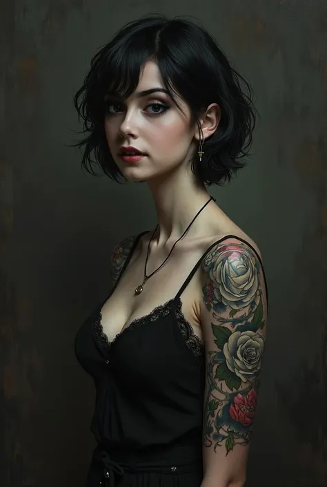 8k, realist, gothic girl without tattoos, short black hair, a little wavy. Big boobs XL, slender. Very detailed body, Very detailed face
