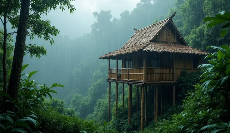 Indonesian traditional bamboo house, heavy rain, forest lanscape