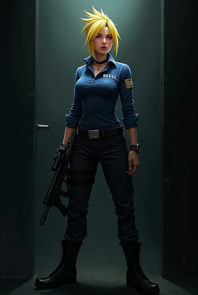 1girl, solo, dark room, yellow Pixie haircut, red eyes, eyelashes, serious face, sniper girl, choker, blue navy SEALS uniform, black pants, red lips, piercings, black boots SLIGHTMUSCLE BULKY BODYBUILDER HYPERMUSCLE