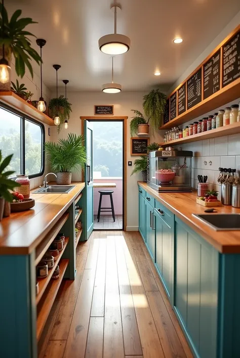 Create the interior of a trailer shop that sells acai 