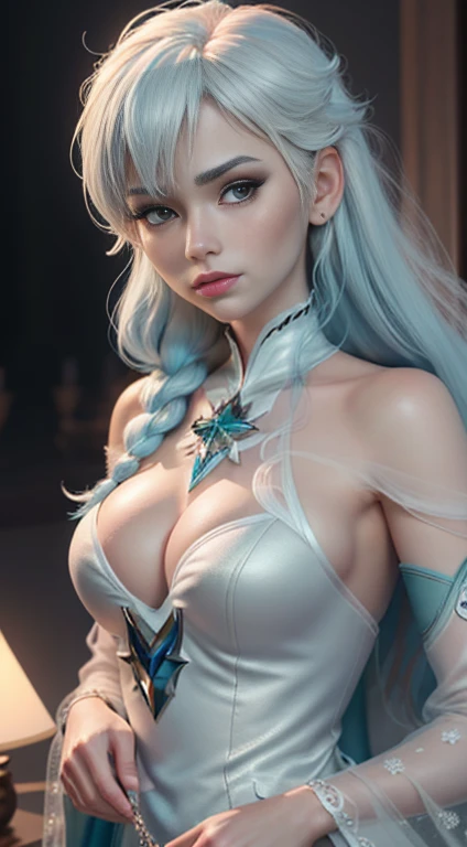  (Komi-san-elsa frozen Disney  mezclando modelos .) (ultra fUSION of white and blue hair) Highly detailed CG unity 8k wallpaper, style shot, complex, High detail, dramatic, highest quality movie still image, Very detailed, masterpiece, Best Quality, Charac...