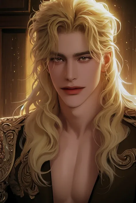 man, nobleman, blond, long hair, prince, a vampire, gallant, Alukard, castings, long hair, blonde hair, hair combed back, hair behind the ears, messy hairstyle, Hair in front of one ear, Lots of curls, yellow eyes, parted lips, Smirk, fangs, slight smile, ...