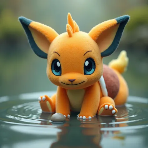 a stuffed pokemon sitting in some water looking at something on the ground, a colorized photo, plasticien, real life pokemon, cgi art, a combination of glumanda and squirtle