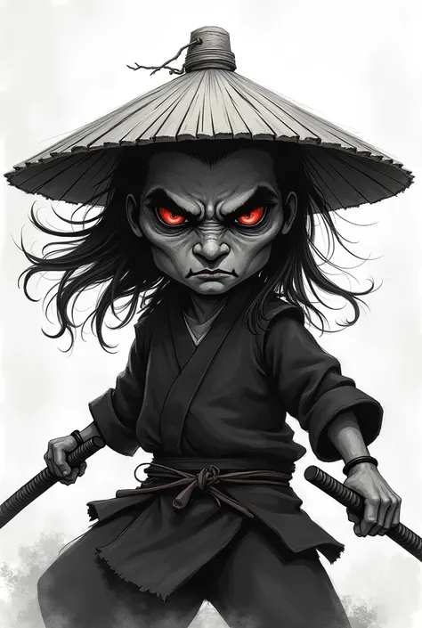 Chinese samurai with straw hat. Evil and ready to fight. black and white. No body, just head. Unrealistic drawing. 2D. Imagen completa 
Dibujo animado