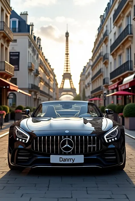 I need an image of expensive car of new model open roof Mercedes-Benz staying at a parking of a very very good in quality City of Paris let a Paris tower to be visible and at the plate number a car have to possess a name go like Danny 