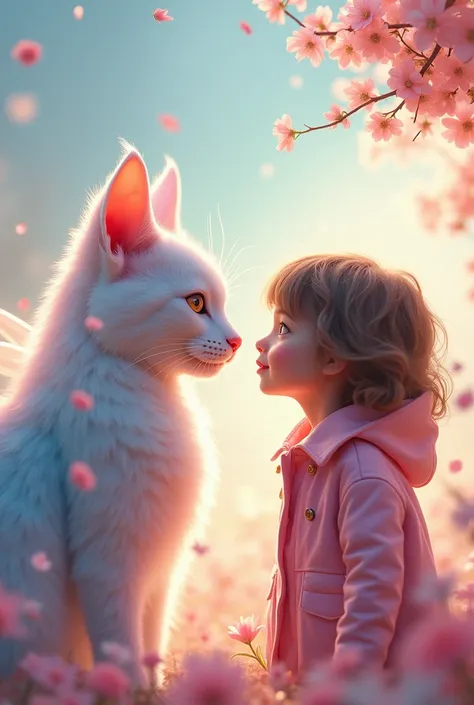 A beautiful multishade fairy cat with wings and a girl in pink coat becomes friends