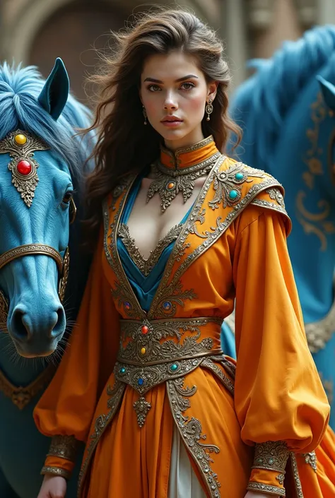 I want a 20 year old woman, who is a descendant of the phoenix and Poseidon, that the suit I have can be represented from the medieval era and that the steed is blue with colored stones, In the suit, the color orange predominates with the color blue, that ...