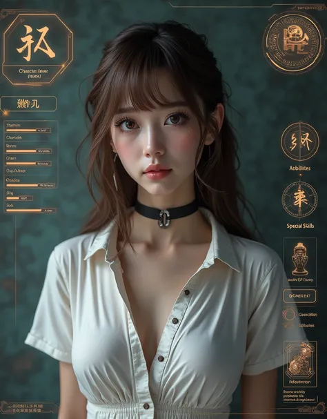 A hyper-realistic RPG-style character status screen featuring a young woman named [Sl No.003]. She has long eyelashes, smooth, flawless skin, realistic hair texture, and subtle makeup. She is wearing a tight, white collared shirt and a black choker. The ch...