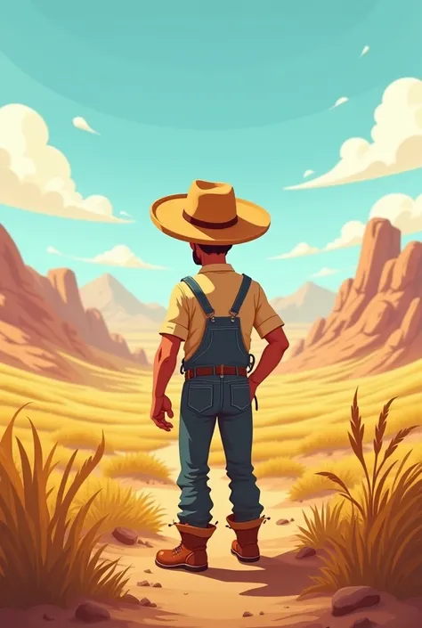 Generate a cartoon of a man with his back turned without his face showing, working as a farmer in the backlands under the hot sun. 