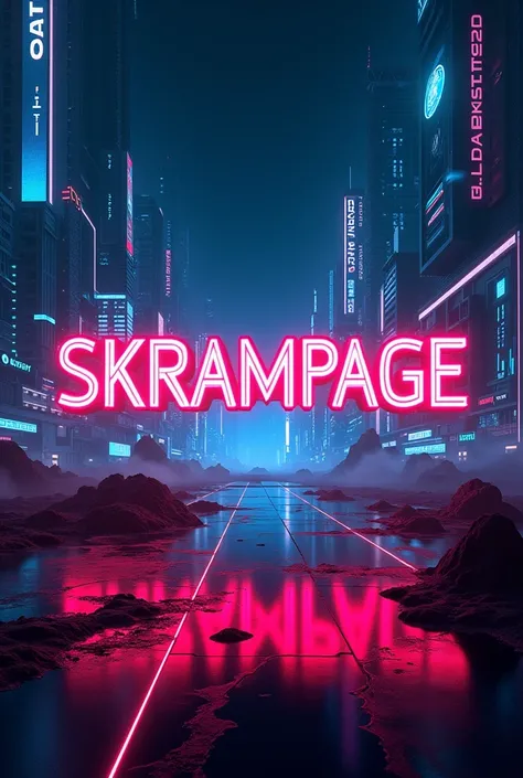 Create a dynamic streaming background featuring the nickname SKRampage in bold, futuristic text. The scene should have an intense, action-packed atmosphere, with vibrant neon lights, electric blue and red hues, and abstract, digital elements resembling a g...