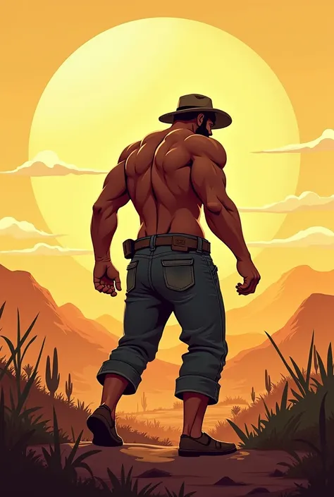 Generate a cartoon of a man with his back turned without his face showing, working as a farmer in the backlands under the hot sun., leave it well in the backlands 