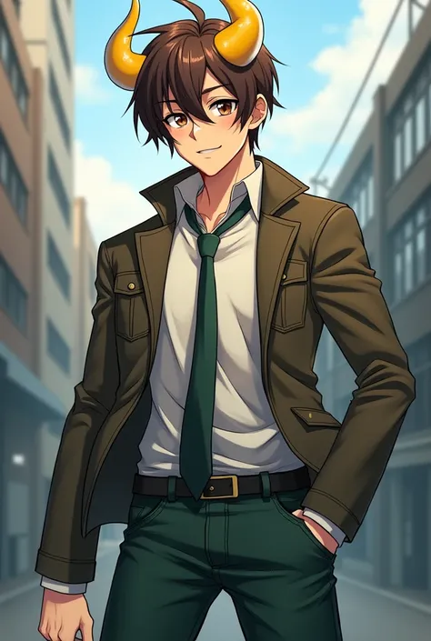 Make me an anime character that has skin-colored brown eyes and is male with a jacket with a tie, dark green jeans, yellow and white curved horns, and brown hair 