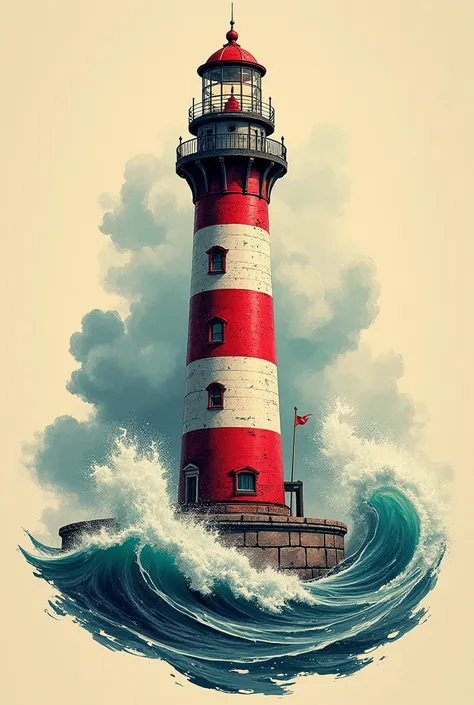 Drawing of a sea lighthouse in neotraditional style for tattoo rich in details the body of the Lighthouse with red stripes perpendicularly 