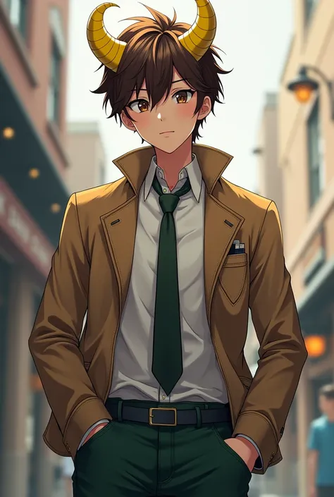 Make me an anime character that has skin-colored brown eyes and is male with a jacket with a tie, dark green jeans, yellow and white curved horns, and brown hair 