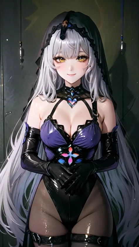 ((Masterpiece, Ultra HD, 8K Quality)), one Woman, Beautiful Face and body, Platinum silver long hair, long bangs, Deep shiny yellow eyes, highlights on eyes,　Very long eyelashes, very large breasts, Cleavage, a slim waist, curvy hips, (((black swan))), vei...