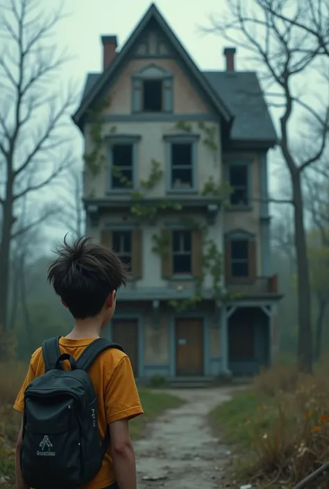 Close-up of the photographer( teen age boy) walking toward the Wide shot of a dilapidated, eerie building under a gray, cloudy sky. Vines crawl up the walls, windows shattered, his camera hanging around his neck. Focus on his determined expression. in 3d c...