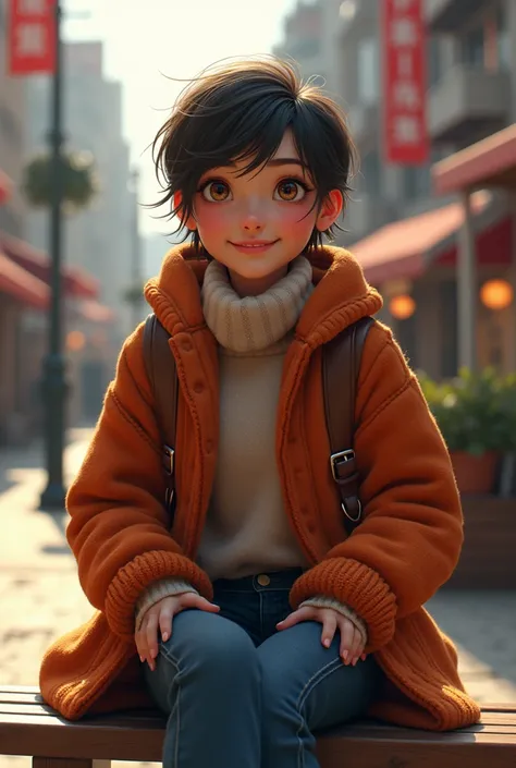 A girl with very short hair, a lesbian, dressed in woolen clothes, sits on a city bench, with an excited face 