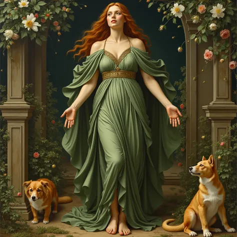 Full body representation of the goddess Gaia, the personification of the Earth in Greek mythology, painted in the style of a vintage oil painting, reminiscent of the works of Sandro Botticelli. She is portrayed as a majestic and serene figure., with a mate...