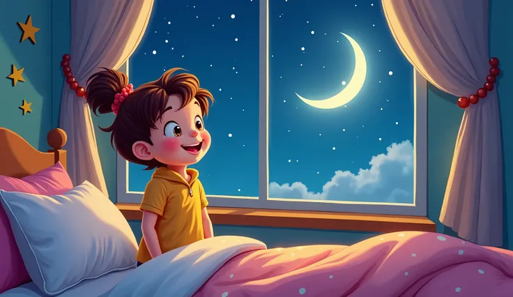 A joyfully youthful cartoon character in A peaceful nighttime scene with a child in bed, gazing at the moon and stars outside the window, with soft, soothing lighting, This illustration, perhaps a digital painting, captures the innocence and fun of childho...